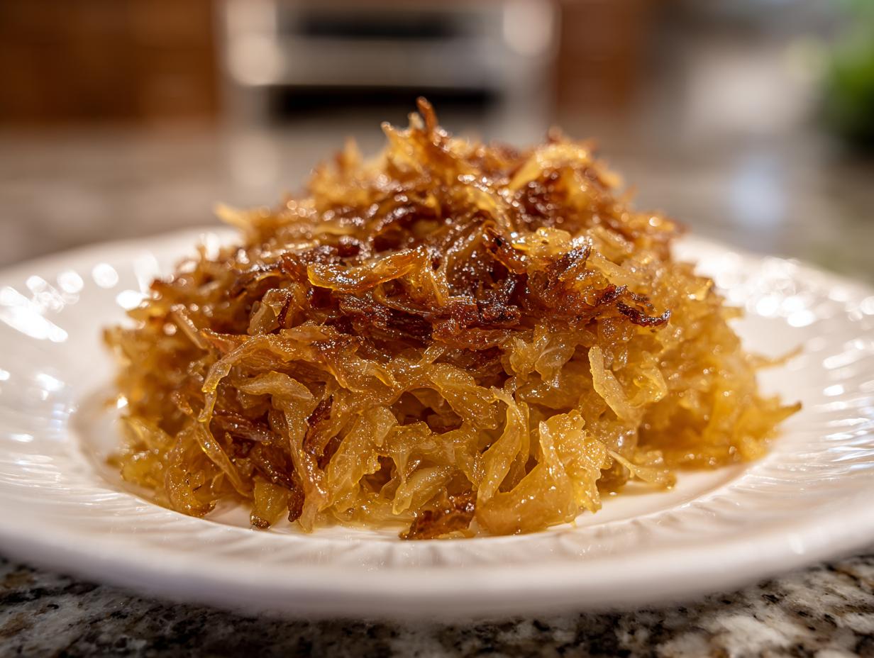 A close-up of a mound of rich, golden brown caramelized onions served on a white plate.