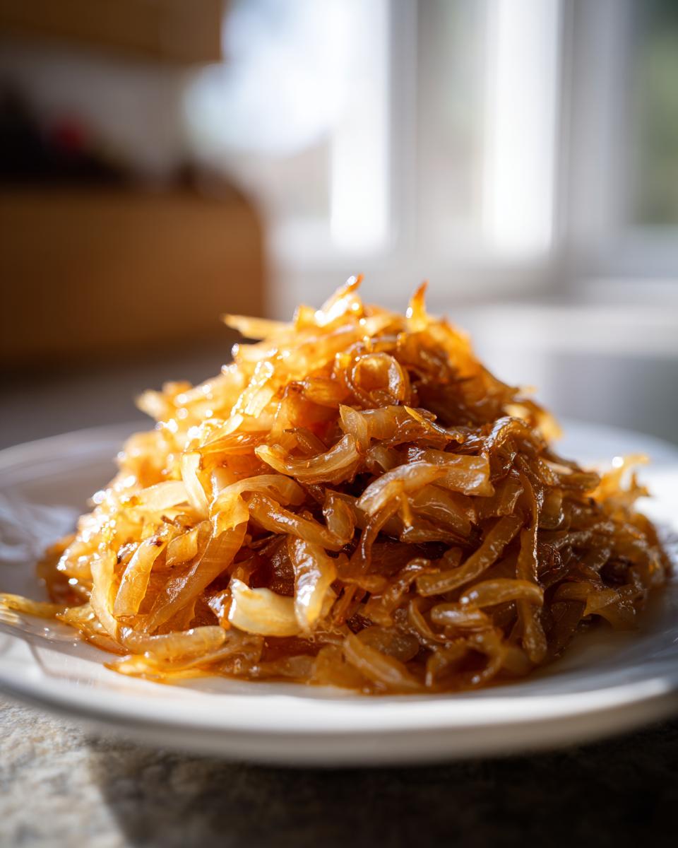 A close-up of a mound of richly browned, glossy caramelized onions served on a white plate.