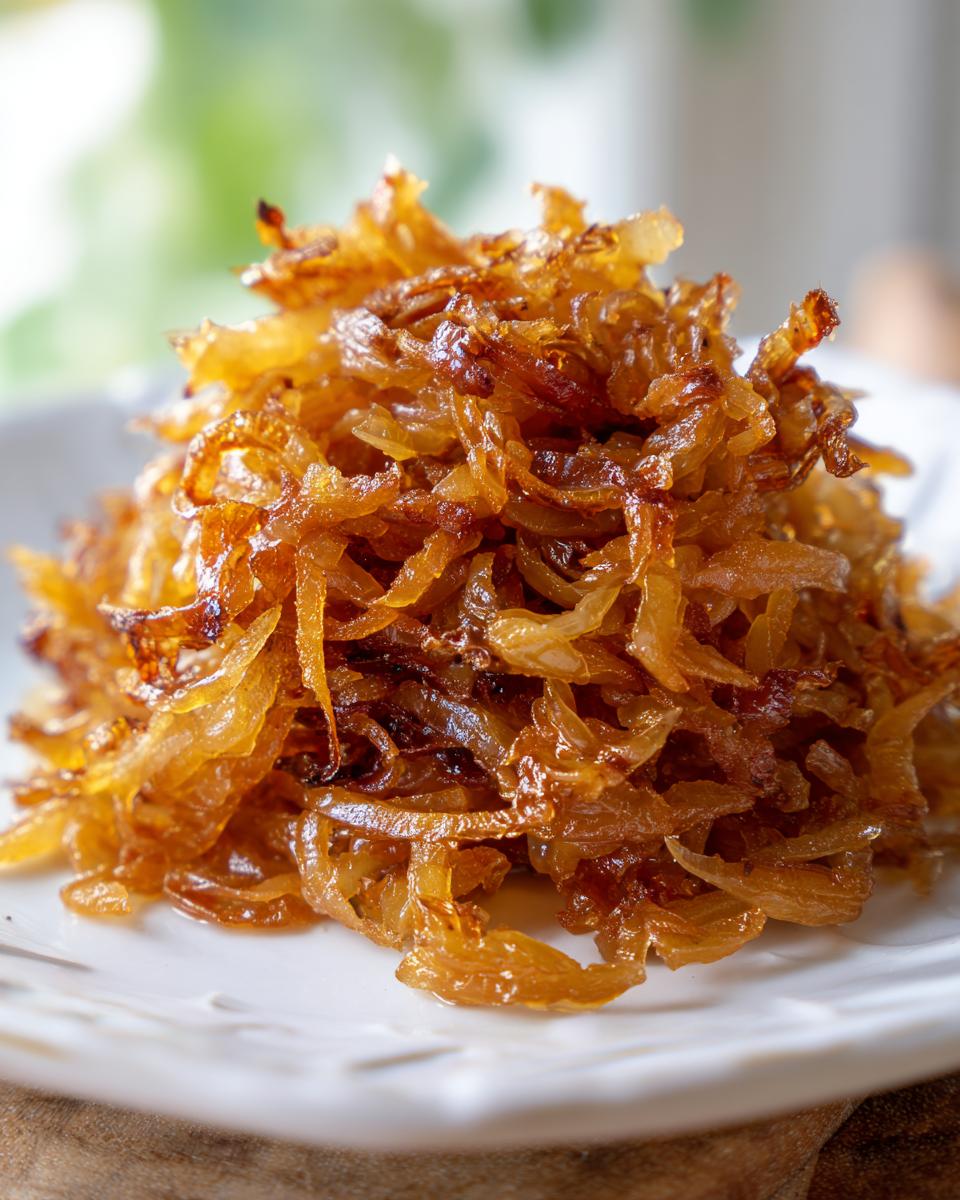 A close-up of a mound of deeply golden and glossy caramelized onions piled high on a white plate.