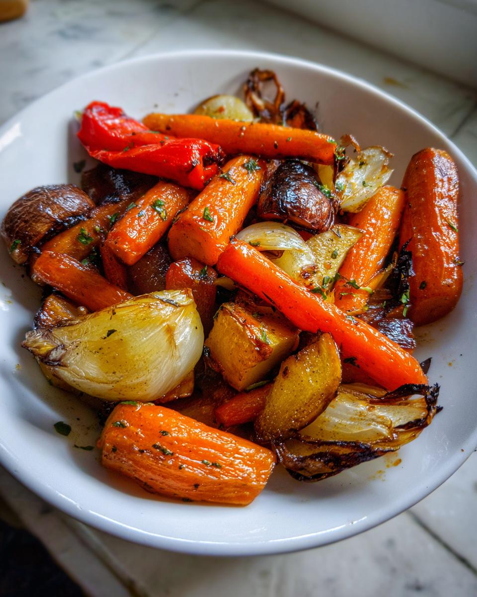 A close-up of perfectly caramelized roasted vegetables, including carrots, onions, and peppers, seasoned with herbs.