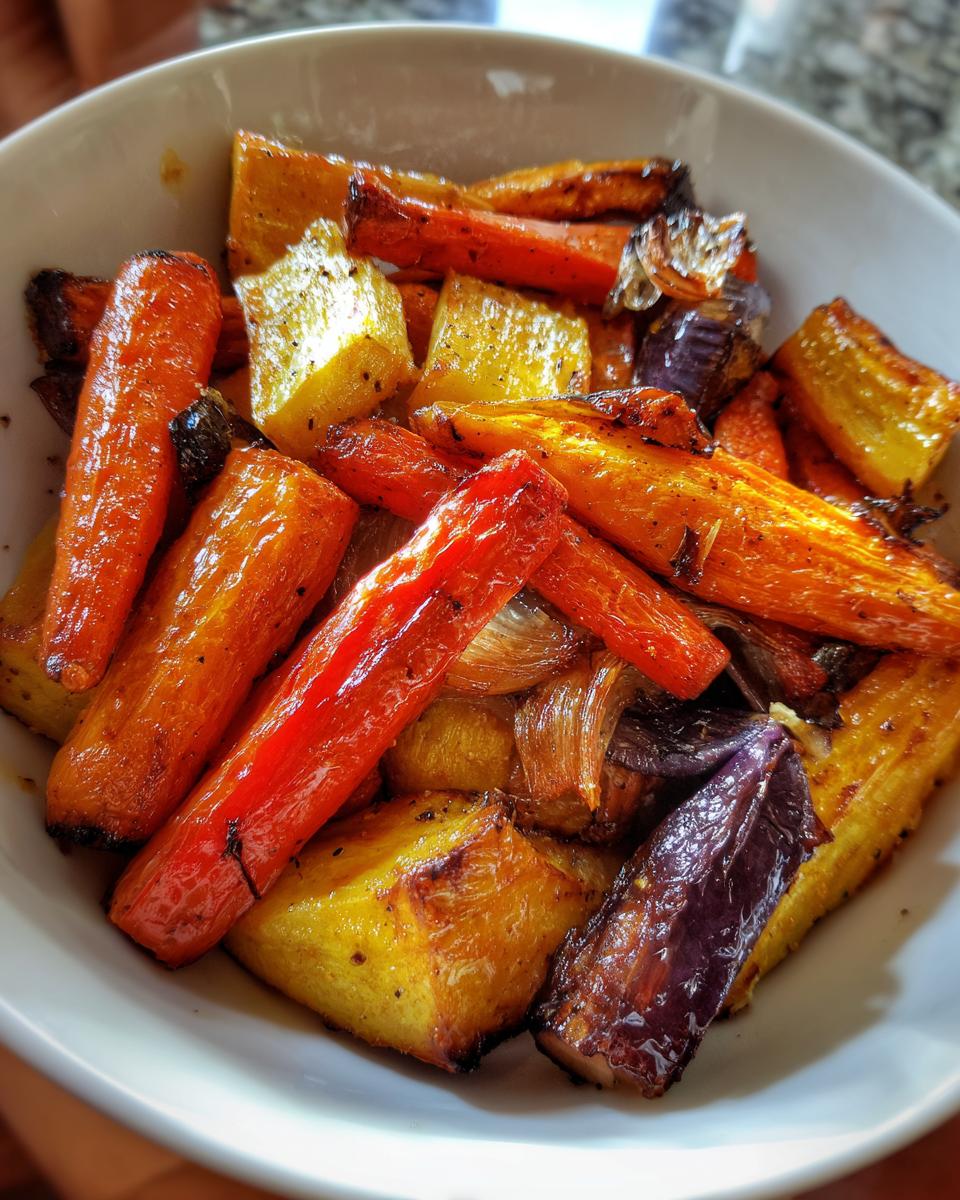 Close-up of perfectly caramelized roasted vegetables, including bright orange carrots and yellow squash, seasoned and slightly charred.
