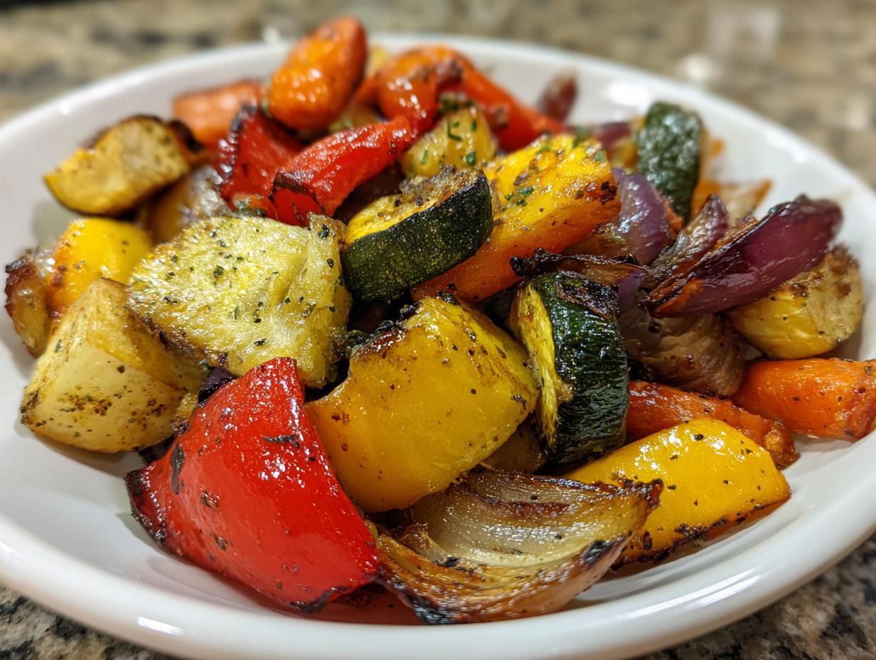 Close-up of colorful, perfectly roasted vegetables including potatoes, carrots, zucchini, peppers, and onions seasoned with herbs.