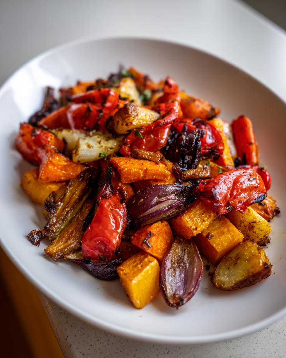 A close-up of colorful, caramelized roasted vegetables including carrots, red peppers, and onions.