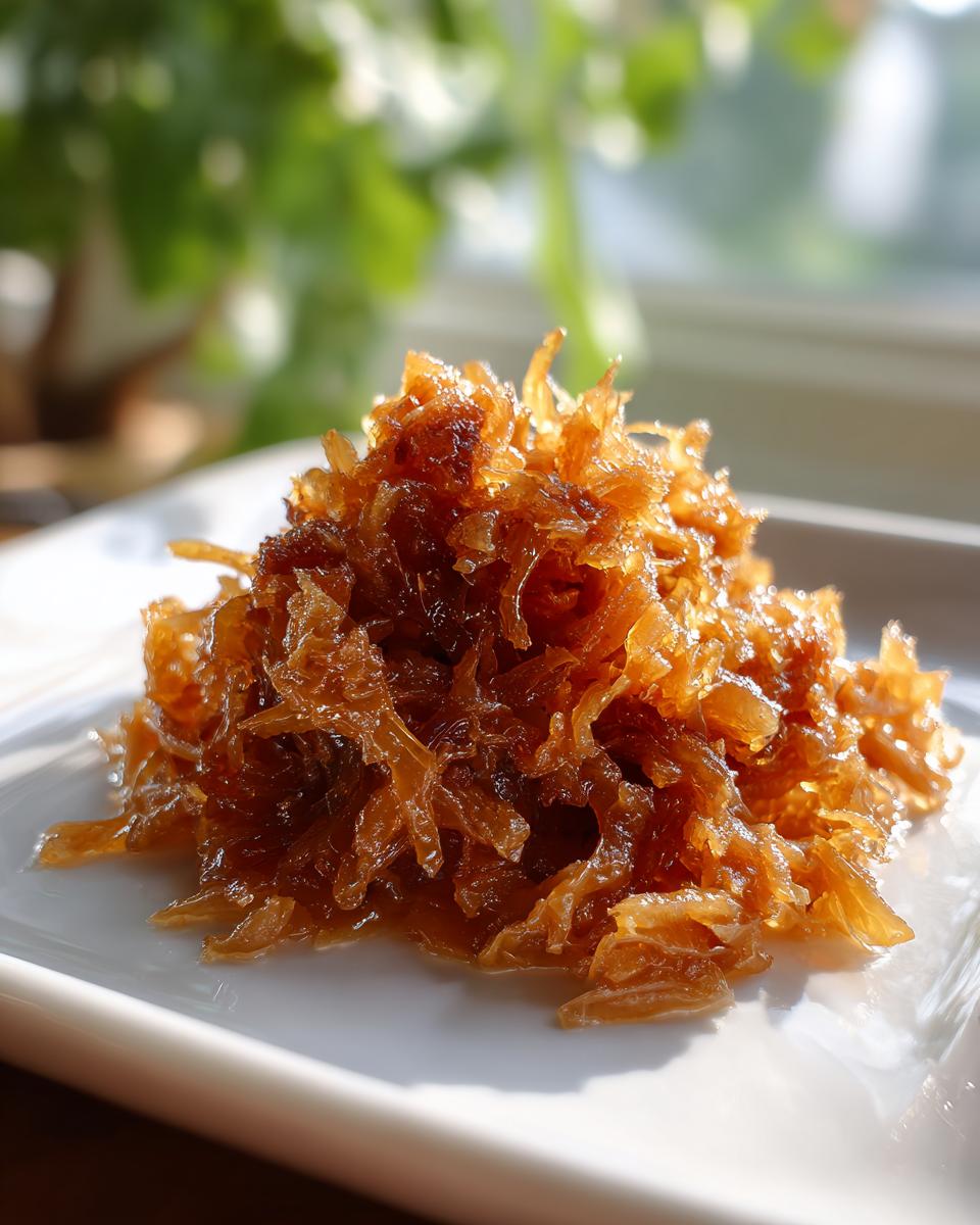 A close-up of a mound of rich, dark brown caramelized onions on a white plate.