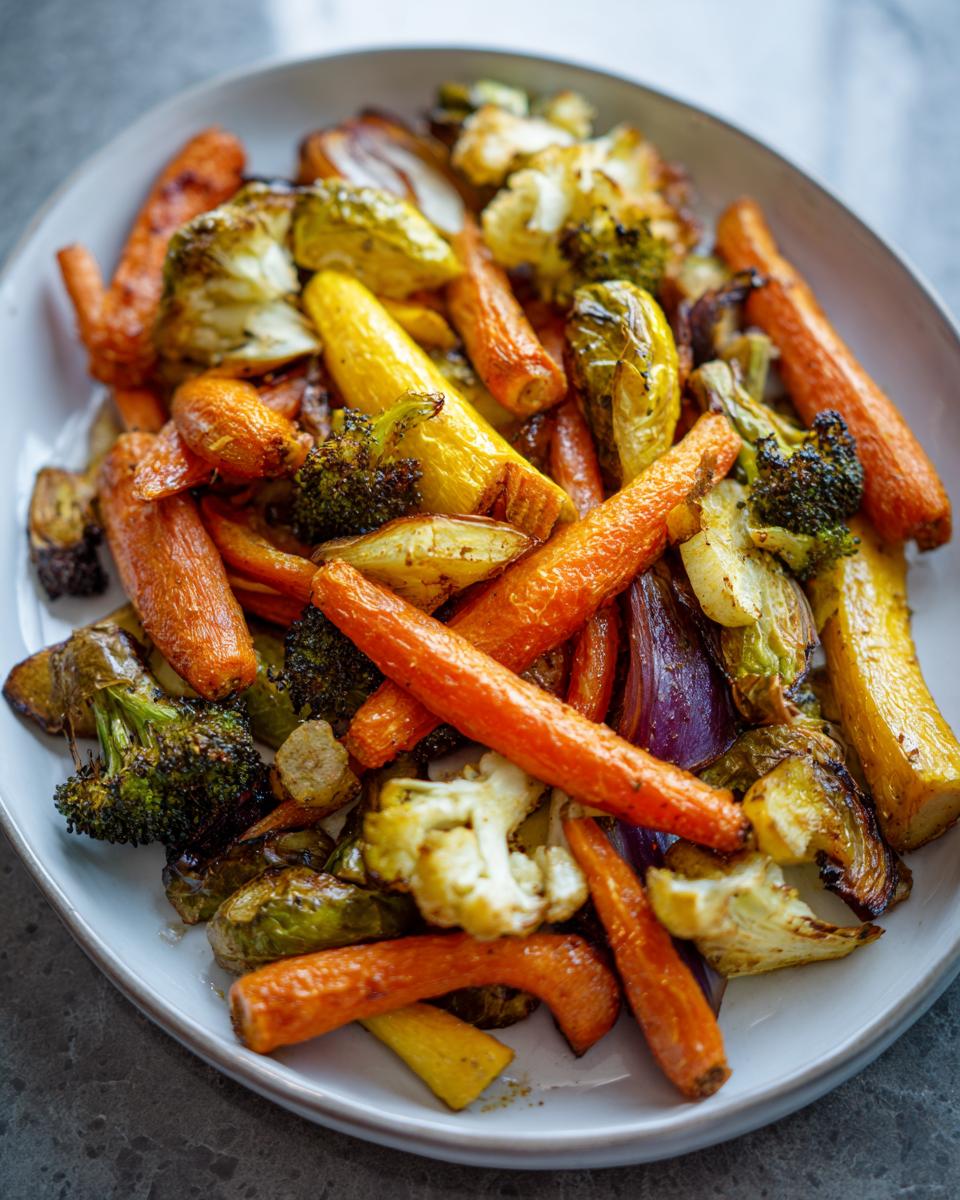 A close-up of colorful, perfectly caramelized roasted vegetables including carrots, broccoli, and cauliflower.