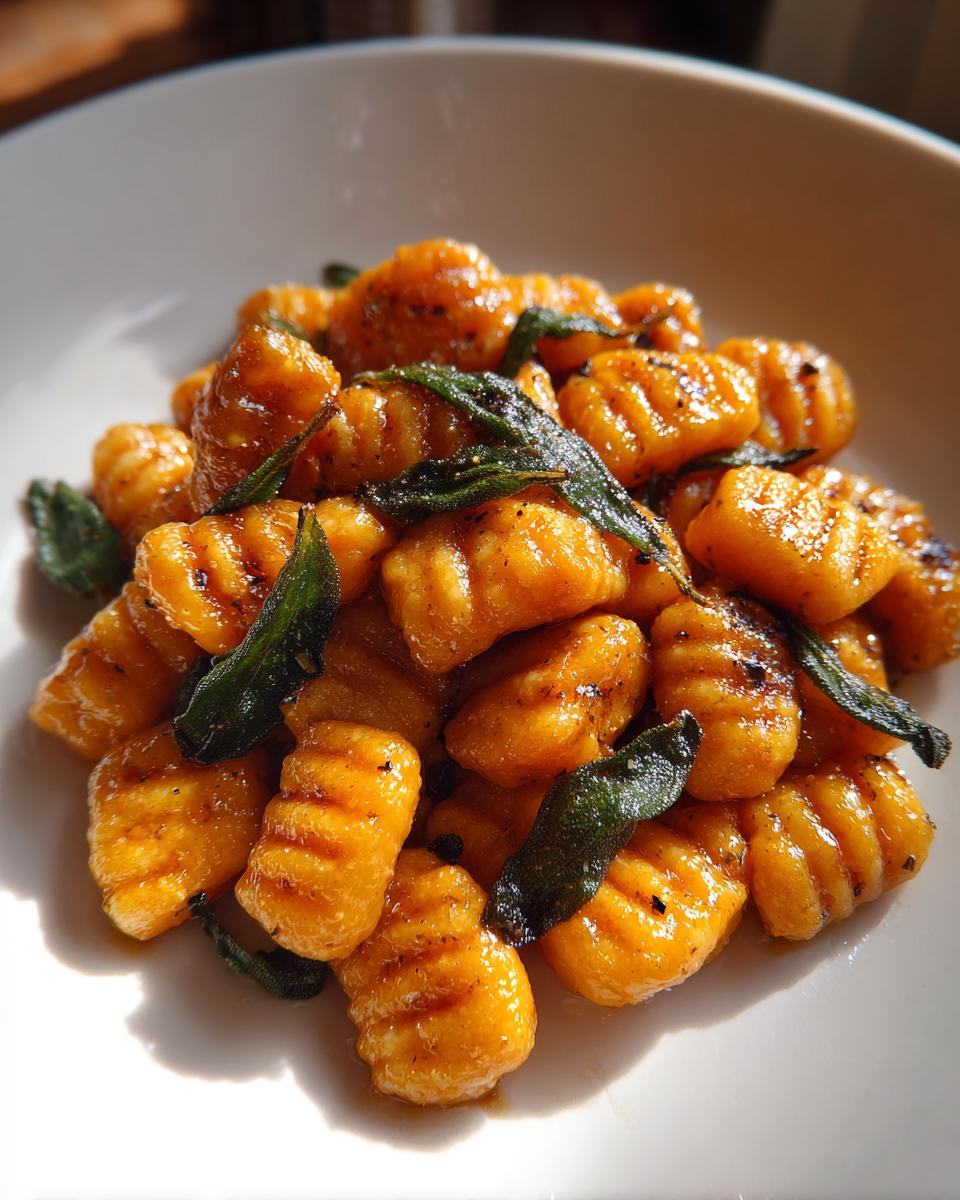 A close-up of bright orange sweet potato gnocchi tossed in butter sauce and topped with crispy sage leaves.