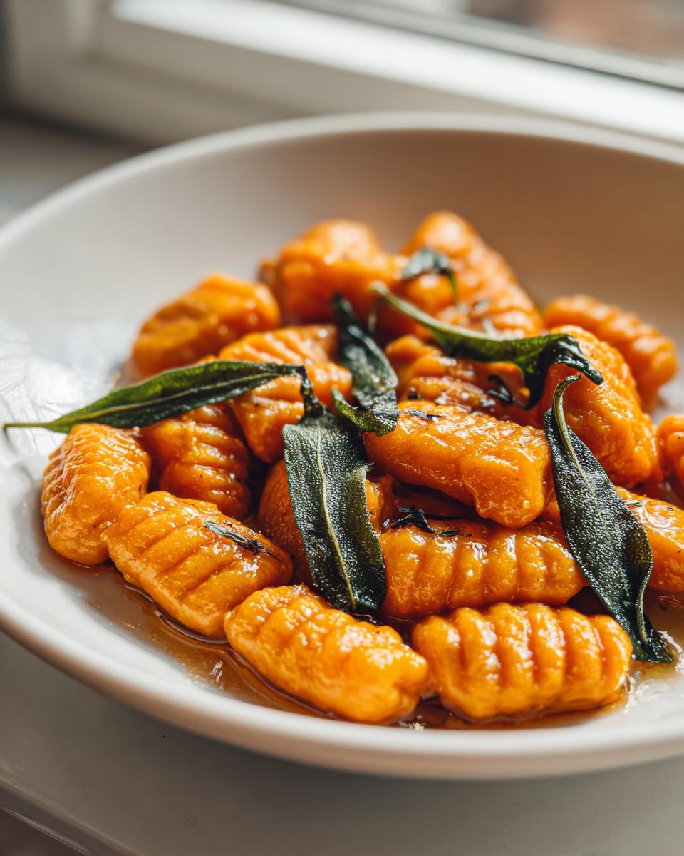 A white bowl filled with bright orange sweet potato gnocchi tossed in brown butter sauce and topped with crispy sage leaves.