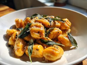 Close-up of vibrant orange sweet potato gnocchi tossed in brown butter sauce and topped with crispy sage leaves.