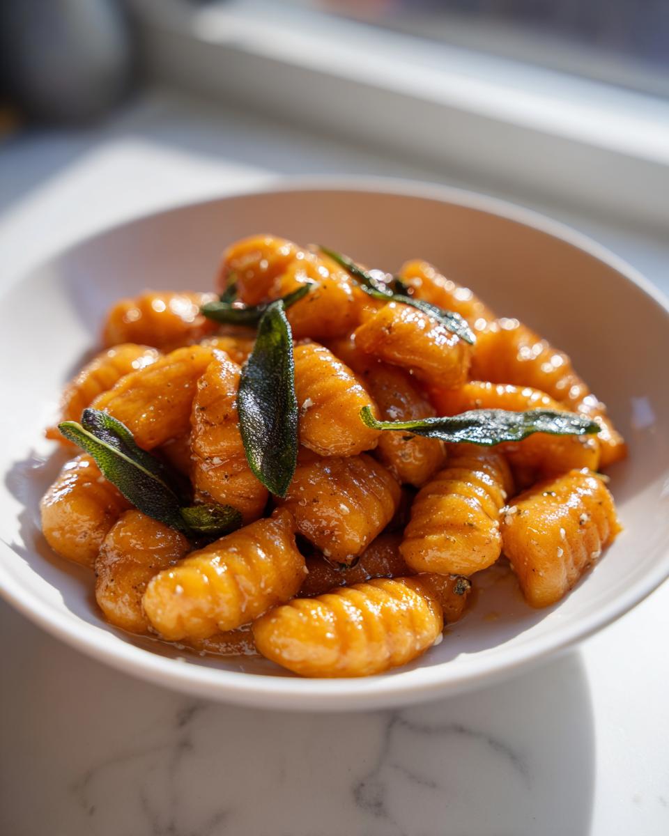 A close-up of bright orange sweet potato gnocchi tossed in a light sauce and garnished with crispy sage leaves.