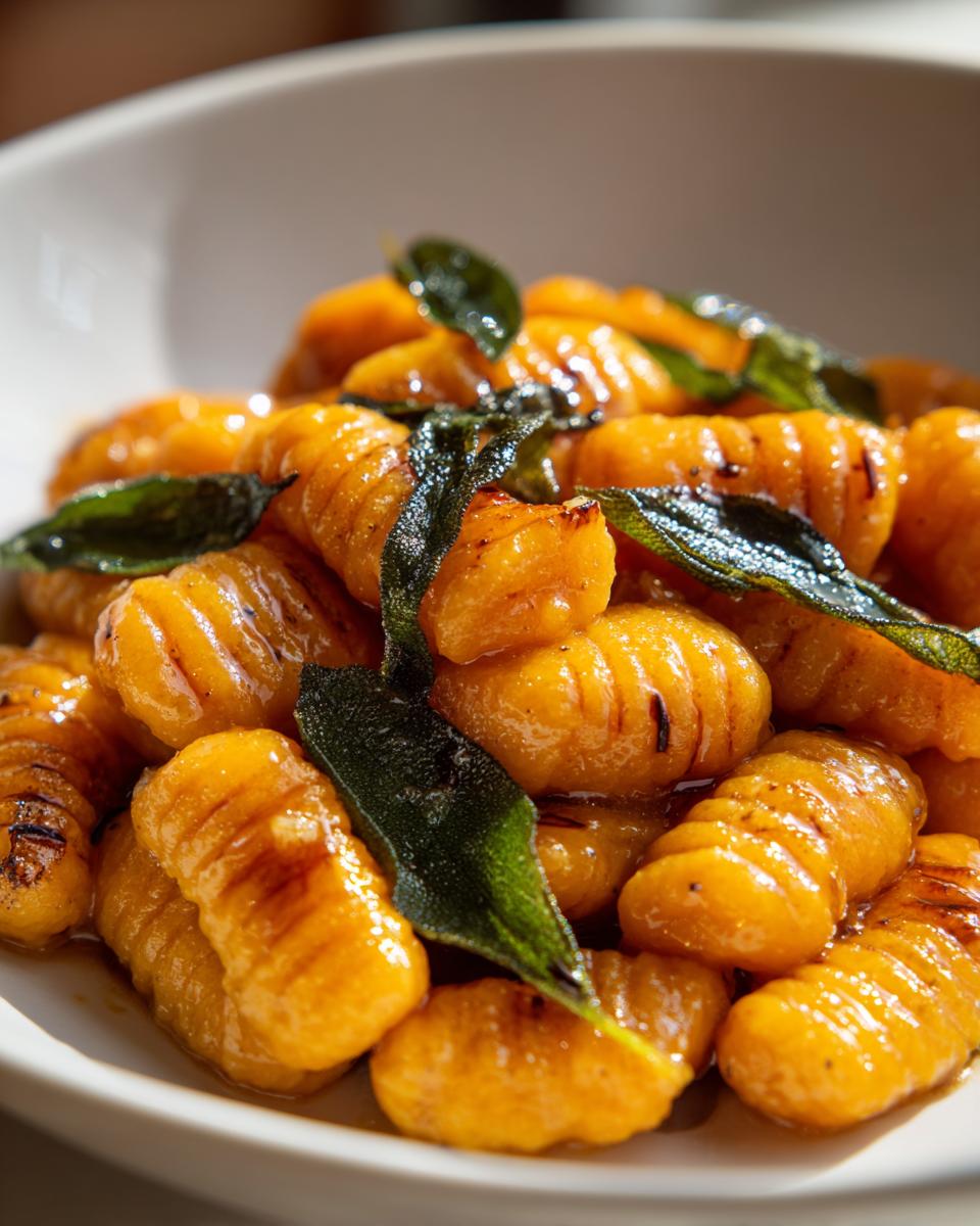 A close-up of bright orange sweet potato gnocchi tossed in a light sauce and garnished with crispy fried sage leaves.