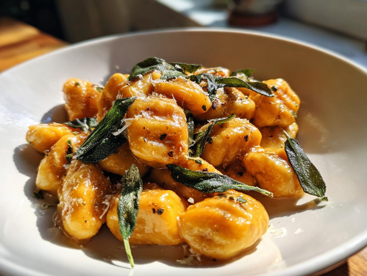 Close-up of vibrant orange sweet potato gnocchi tossed in brown butter sauce and topped with crispy sage leaves.