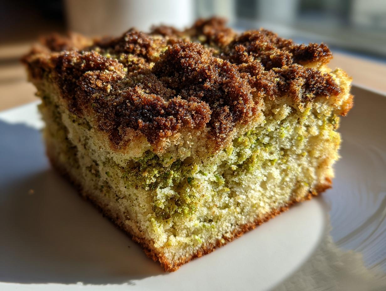 Close-up of a moist slice of pistachio coffee cake showing green pistachio filling and a dark brown streusel topping.