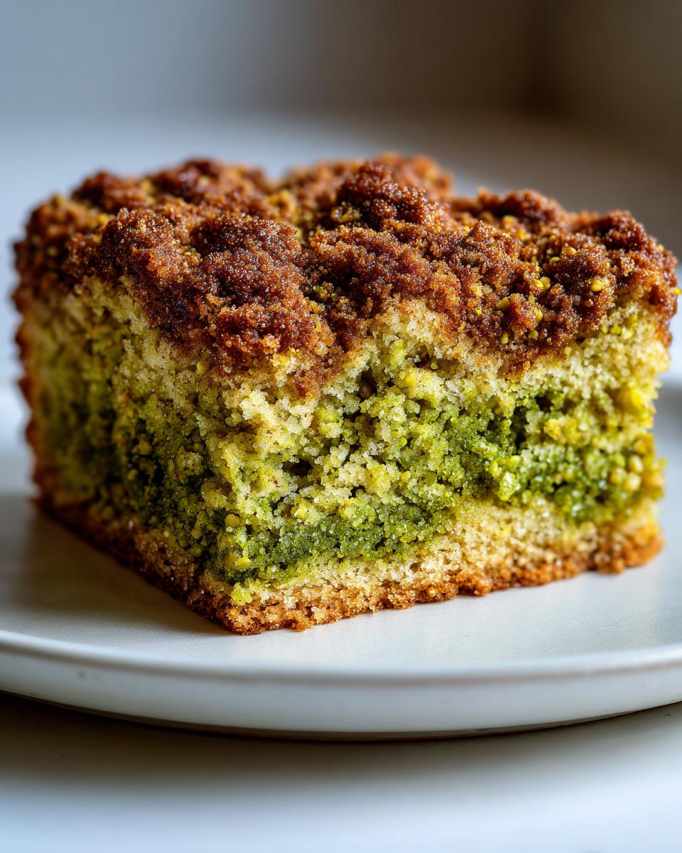 Close-up of a moist slice of pistachio coffee cake featuring a vibrant green pistachio layer and a dark brown crumbly streusel topping.