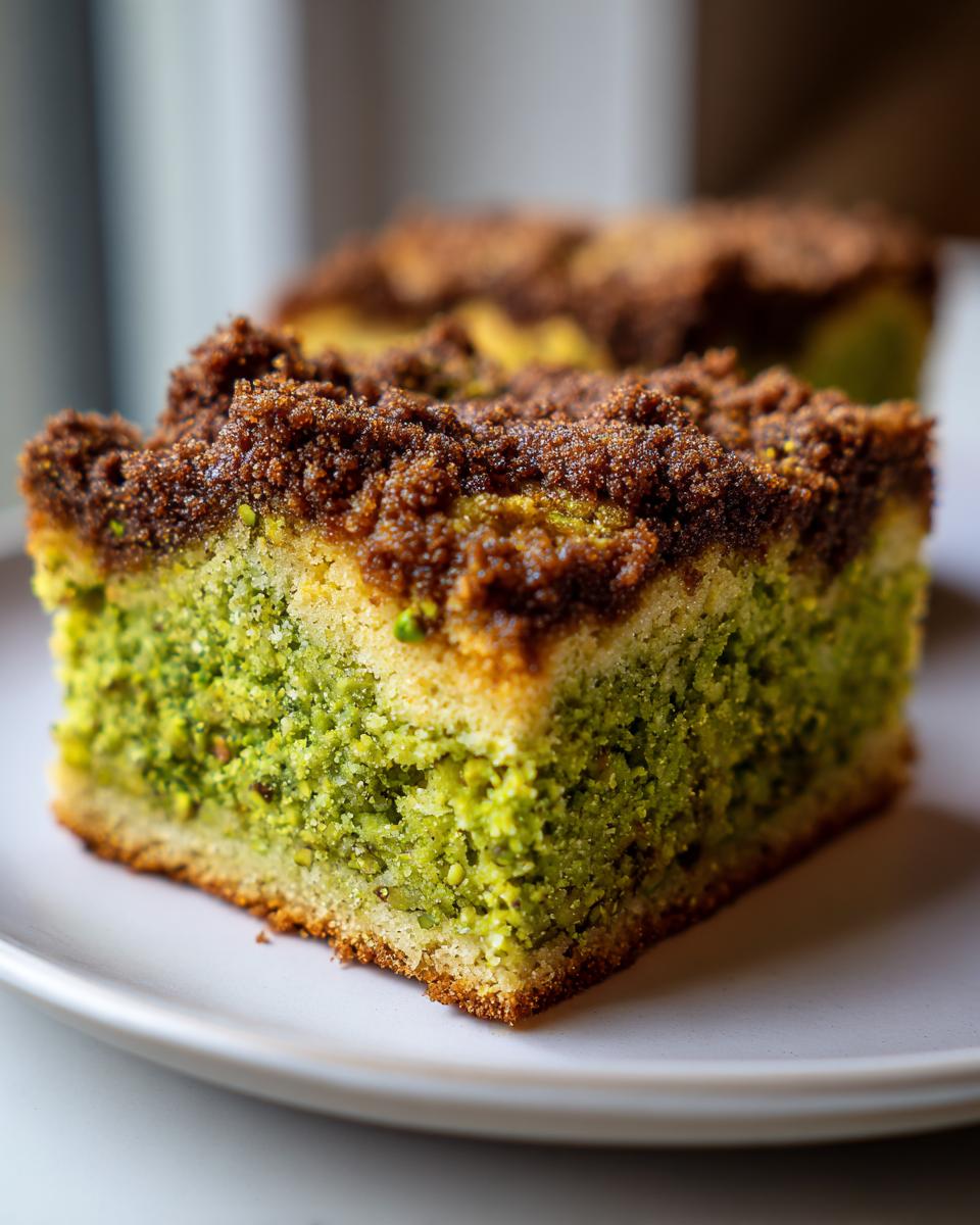 Close-up of a moist slice of pistachio coffee cake featuring a vibrant green pistachio layer and a dark brown streusel topping.