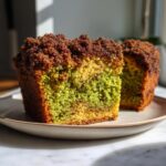 Two slices of vibrant green pistachio coffee cake with a dark brown, crumbly streusel topping, served on a plate.