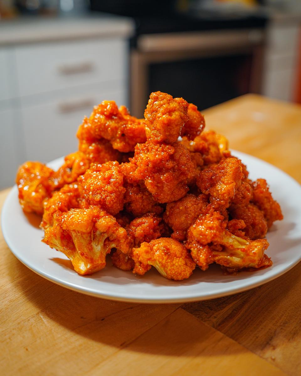 A heaping plate of crispy, bright orange buffalo cauliflower bites piled high on a white dish.