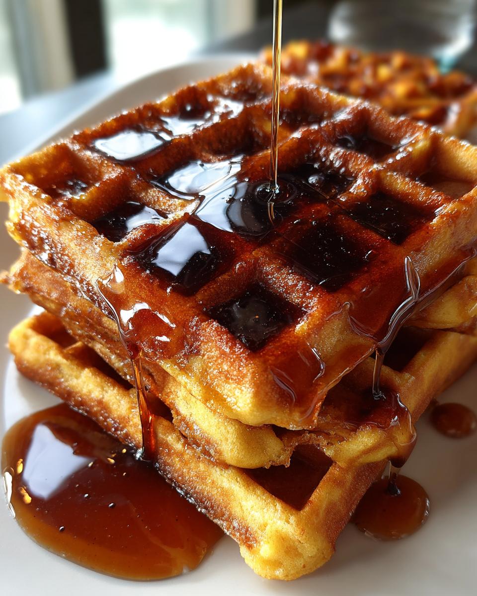 Close-up of a stack of golden brown pumpkin waffles being drenched in syrup.