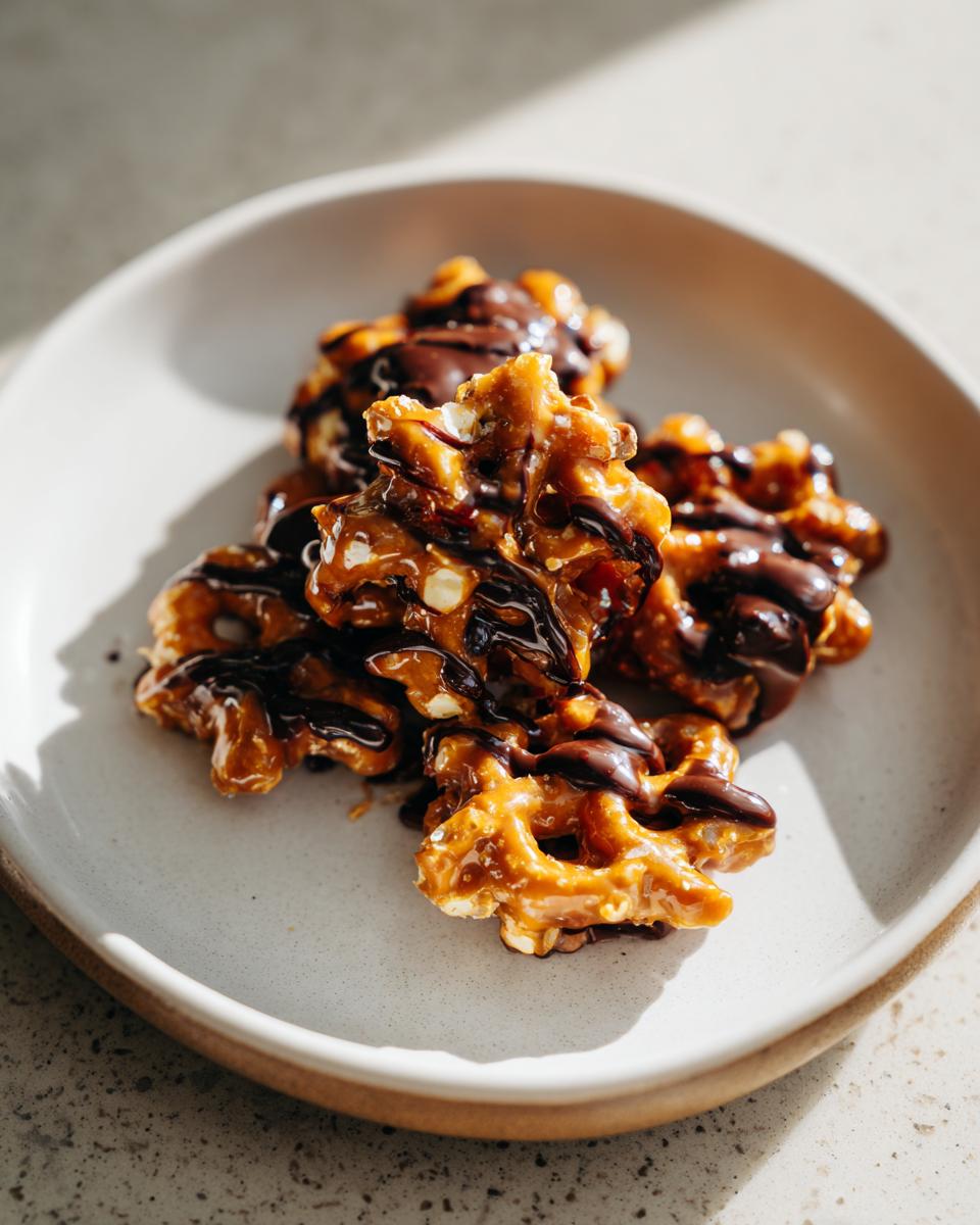 Close-up of several quick toffee pretzels coated in caramel and drizzled with dark chocolate on a light plate.
