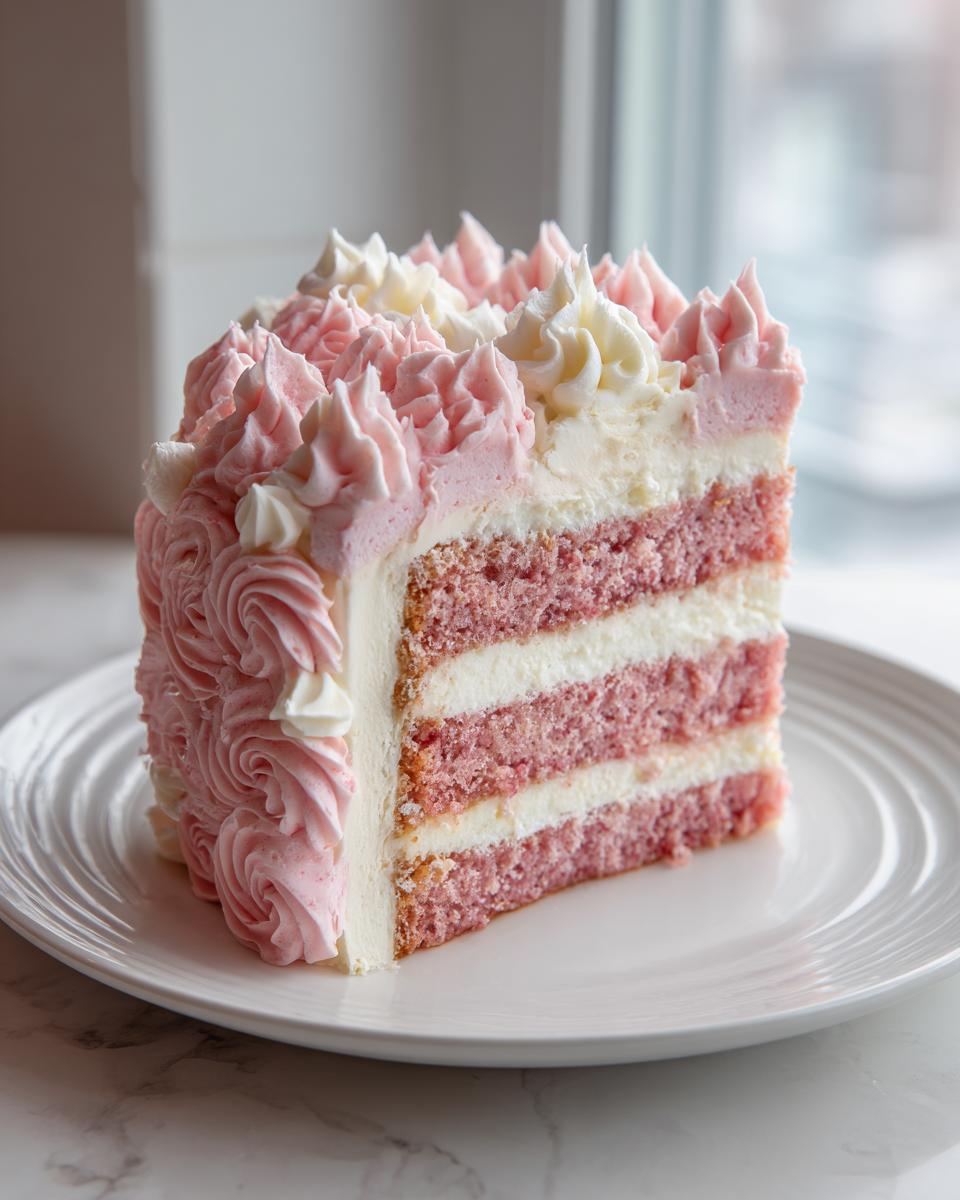A decadent slice of raspberry rose cake showing four pink cake layers alternating with white frosting layers, decorated with pink and white piped roses.