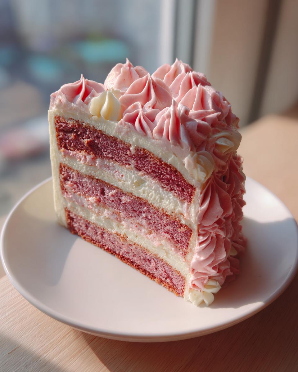 A tall slice of raspberry rose cake featuring pink layers and white frosting, topped with piped pink swirls.