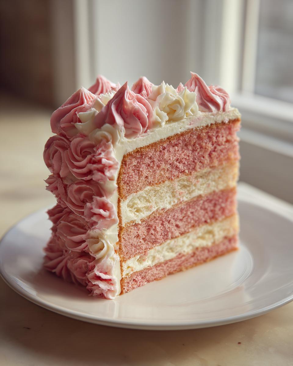 A tall slice of raspberry rose cake showing four layers of pink cake and white filling, decorated with pink and white frosting roses.