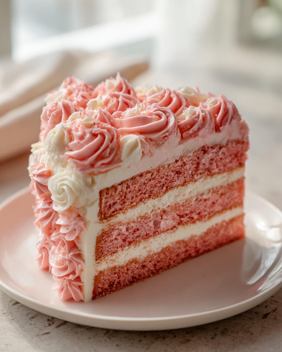 A stunning slice of raspberry rose cake featuring three pink layers separated by white frosting and topped with piped pink and white frosting roses.