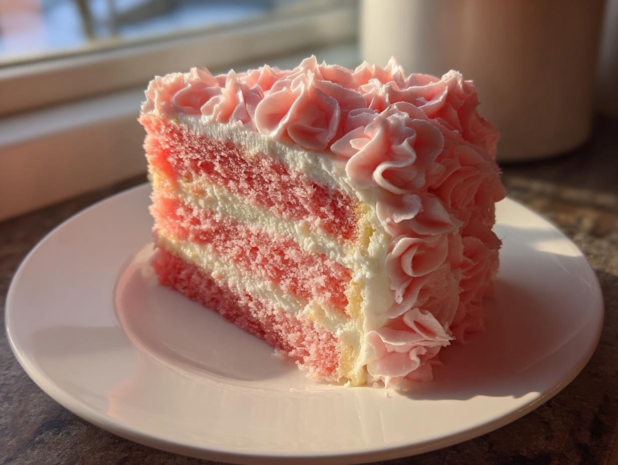 A slice of pink layered raspberry rose cake with white filling and piped pink frosting roses.