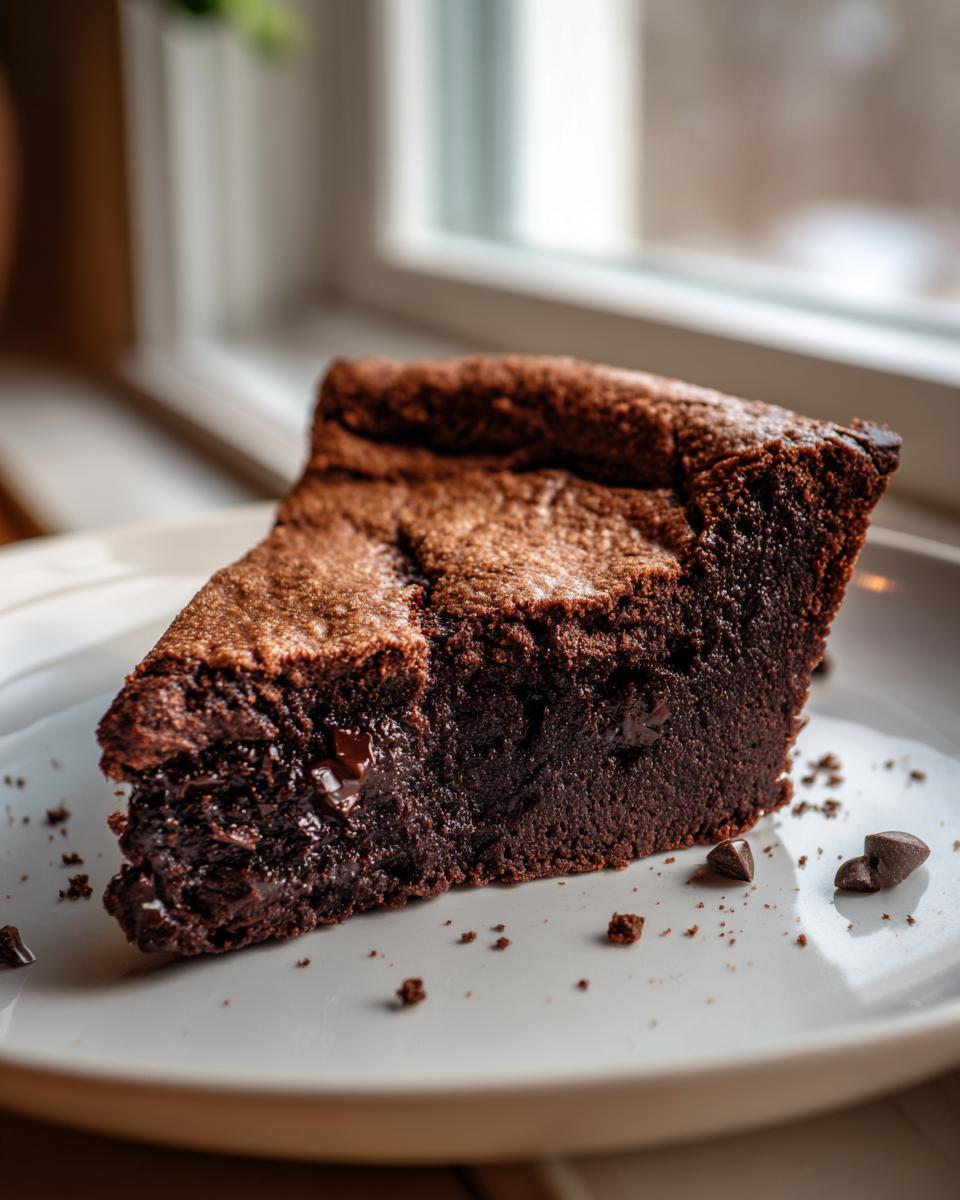 A decadent slice of dark chocolate fudge pie showing a moist, dense interior and melted chocolate chips.