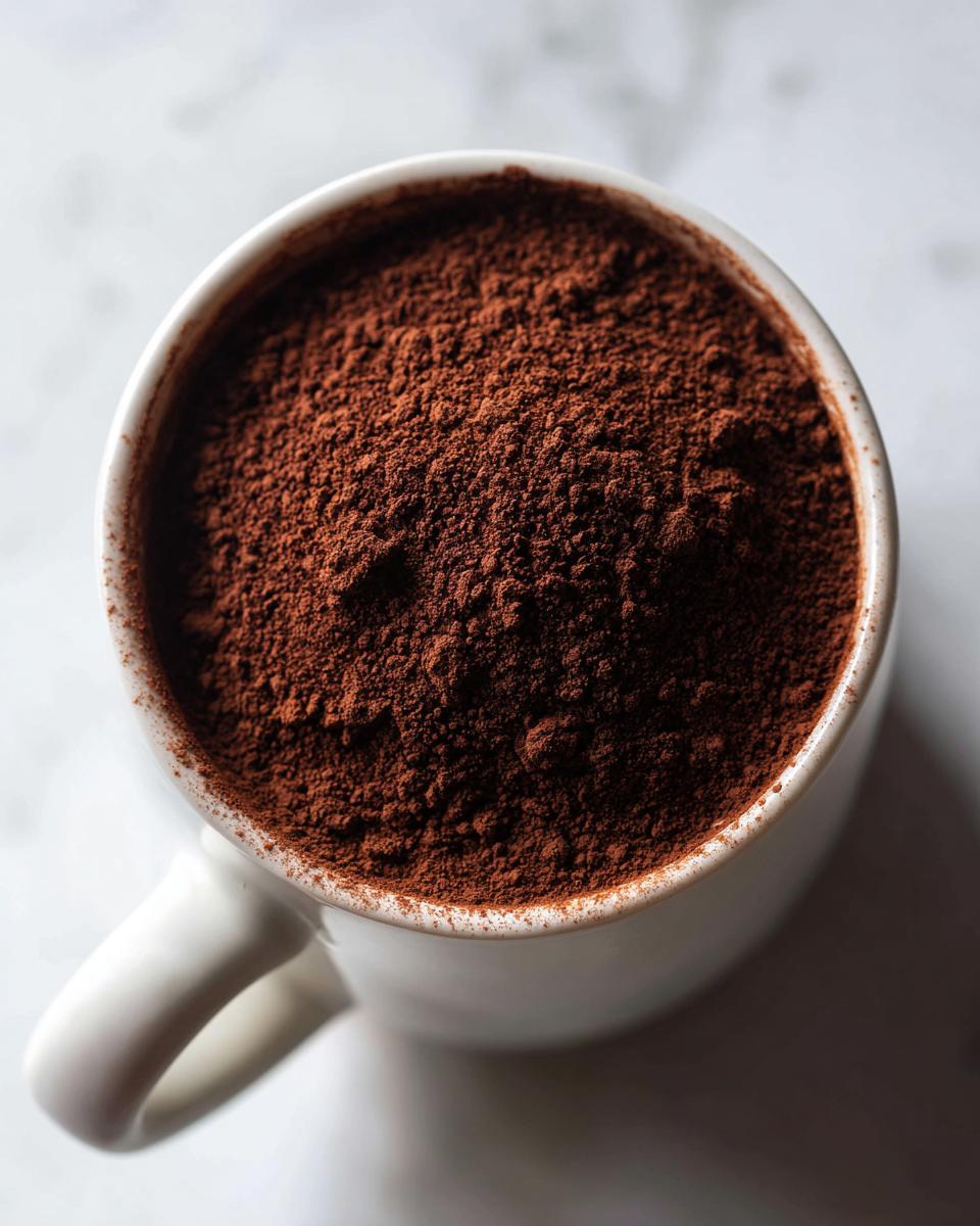 Overhead view of rich, dark brown hot cocoa mix powder filling a white ceramic mug.
