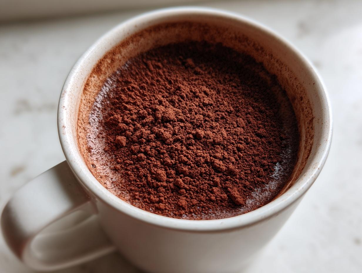 Close-up overhead view of a white mug filled with liquid, heavily topped with rich, dark brown hot cocoa mix powder.