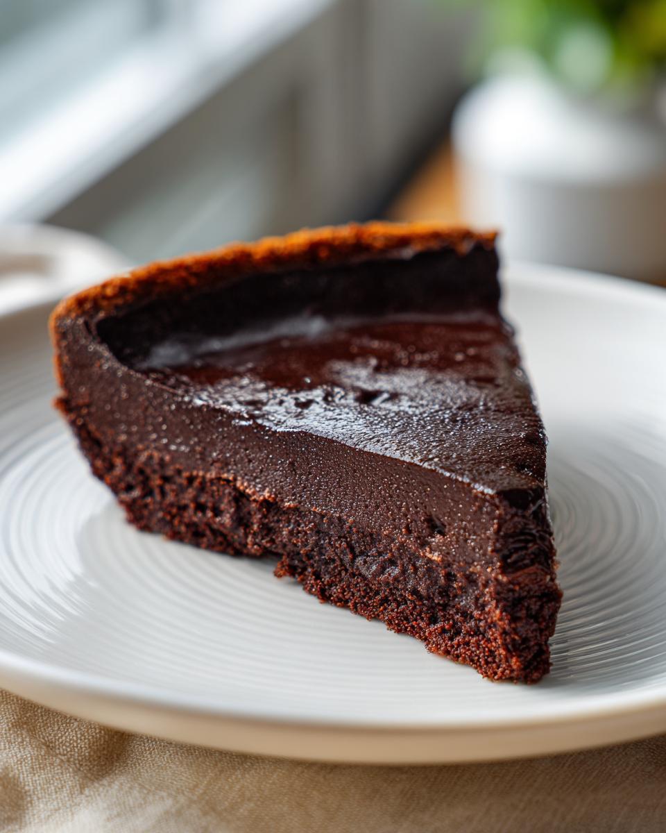 A close-up of a decadent slice of dark chocolate fudge pie with a dense, moist texture served on a white plate.