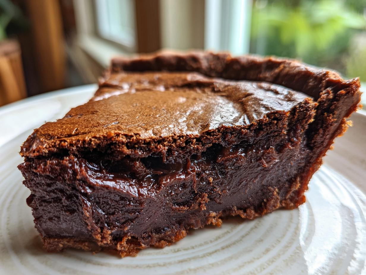 Close-up of a decadent slice of fudge pie showing a rich, dark chocolate filling and a slightly cracked top crust.