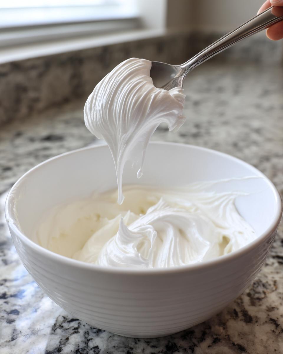 A spoonful of thick, glossy white royal icing being lifted from a white bowl, showing perfect consistency.