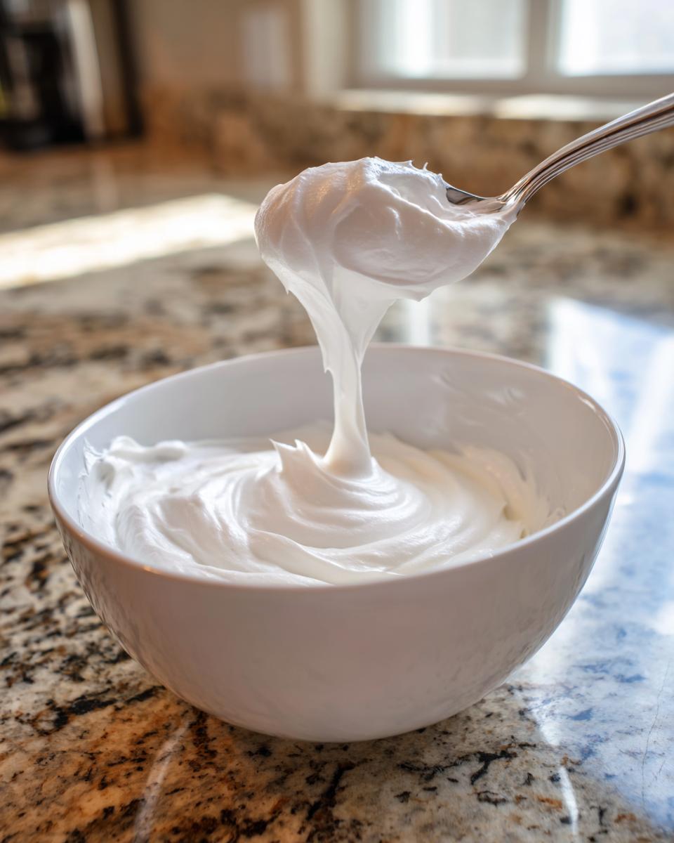 A spoonful of thick, white royal icing recipe mixture being lifted from a white bowl, showing perfect piping consistency.