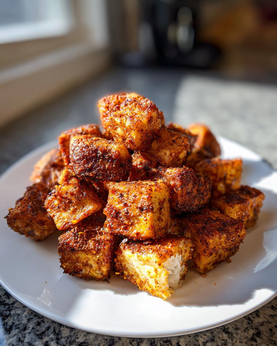 A pile of golden-brown, heavily seasoned breakfast potatoes cubes stacked high on a white plate.