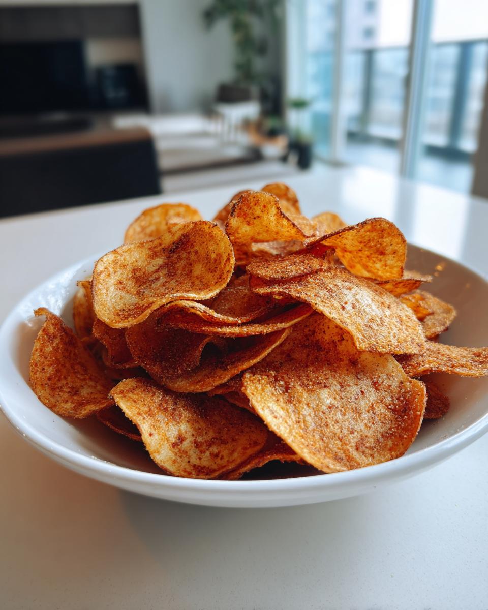 A white bowl filled with crispy, seasoned homemade potato chips, ready to eat.