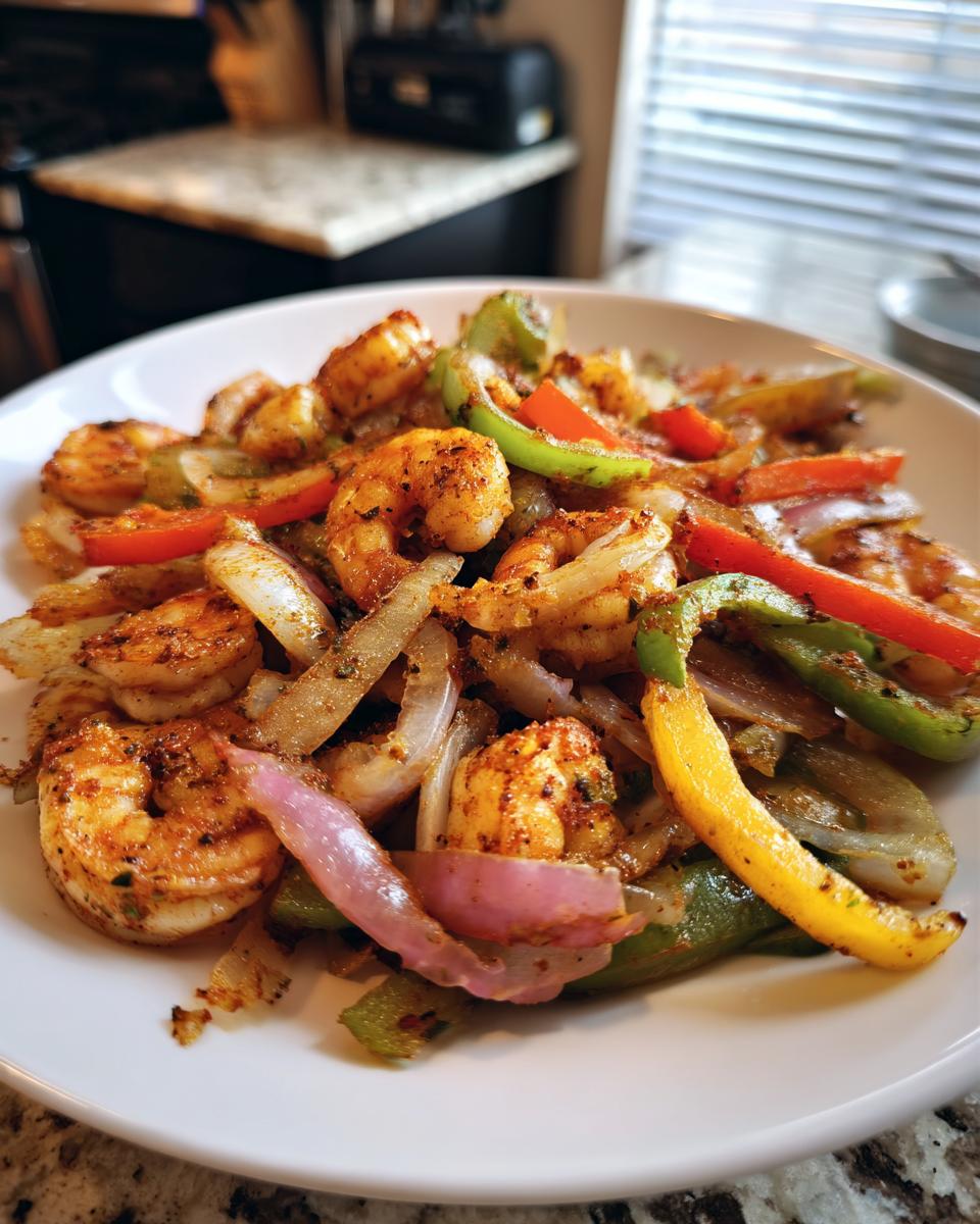 Close-up of perfectly seasoned shrimp fajitas mix with colorful bell peppers and onions on a white plate.