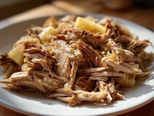 Close-up of tender, shredded pork and sauerkraut mixture with chunks of apple on a white plate.