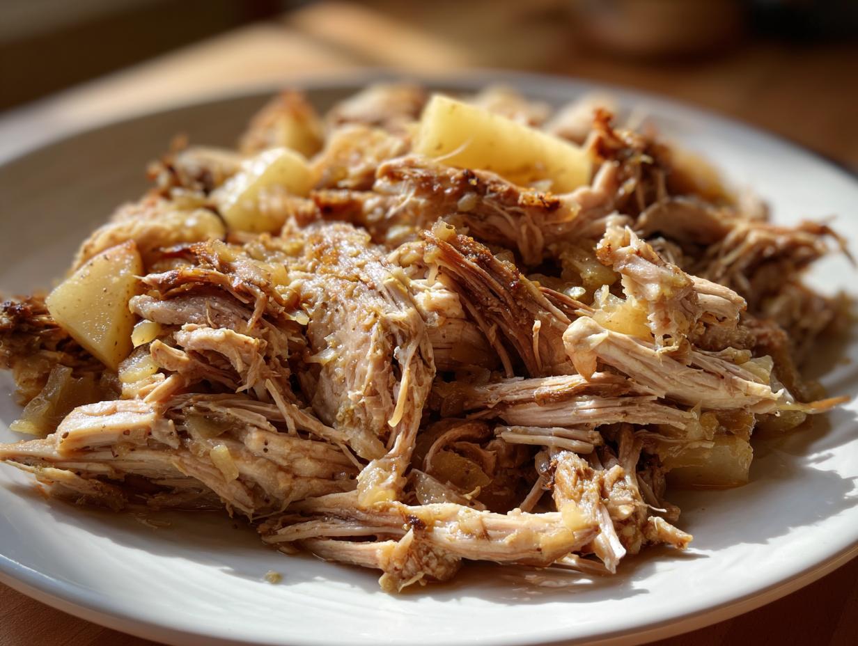 Close-up of tender, shredded pork and sauerkraut mixture with chunks of apple on a white plate.