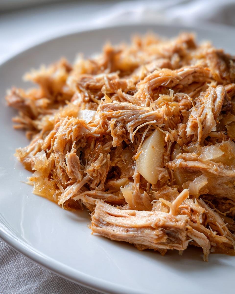 Close-up of tender, shredded pork and sauerkraut mixture served on a white plate.