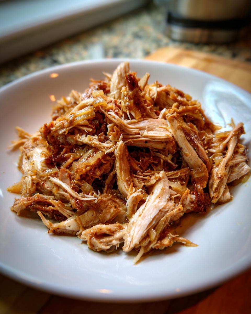 Close-up of tender, shredded pork mixed with caramelized onions, ready for pork and sauerkraut.