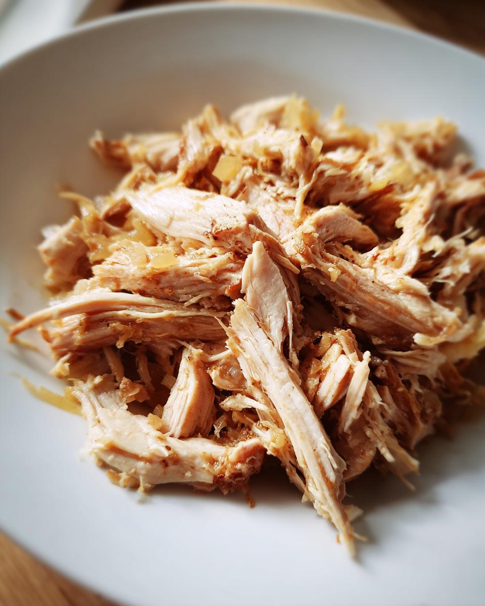 Close-up of tender, shredded pork meat, likely prepared for a pork and sauerkraut dish.