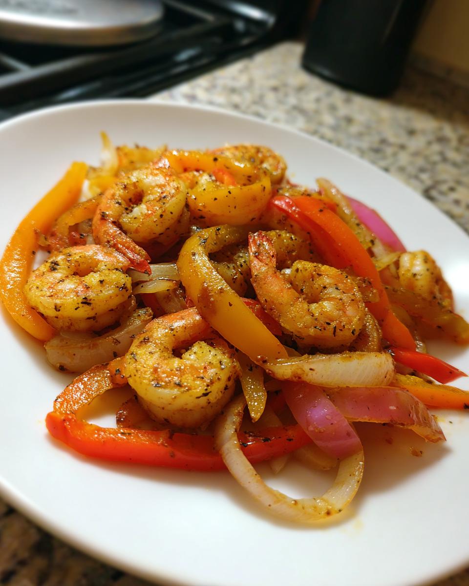 Close-up of seasoned shrimp fajitas with sliced red, yellow, and white onions on a white plate.