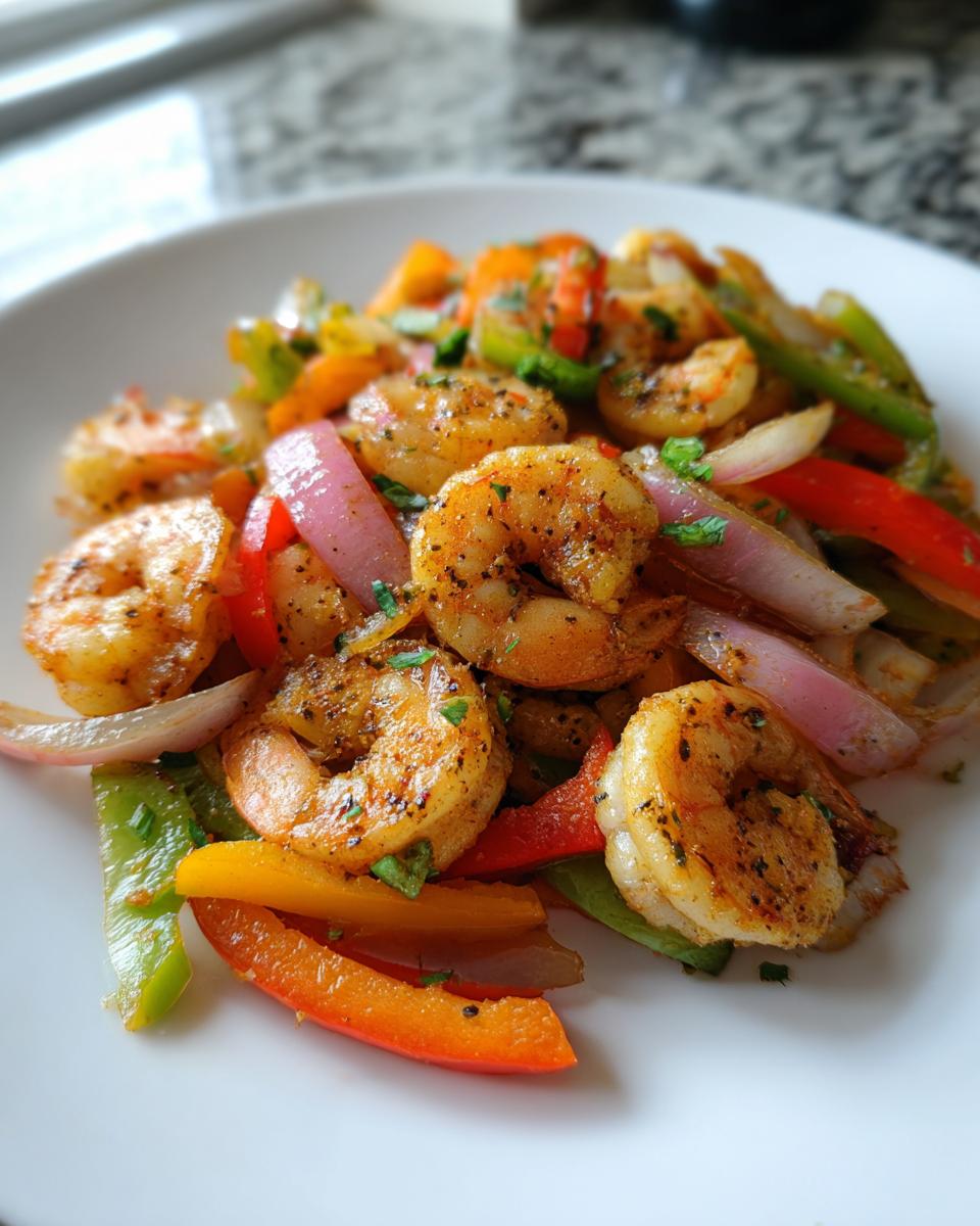 Close-up of seasoned shrimp fajitas with colorful bell peppers and red onions on a white plate.