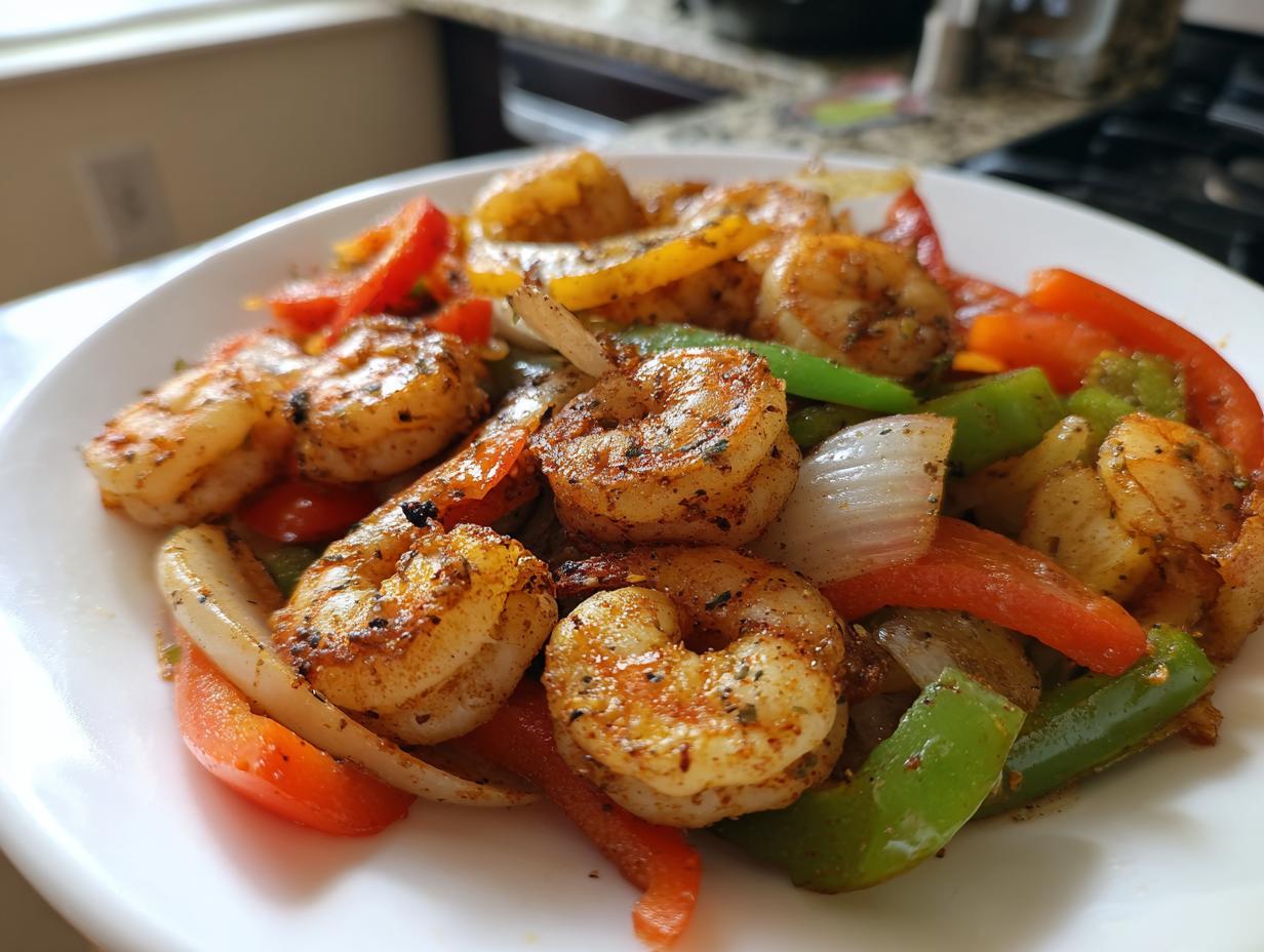 Close-up of perfectly seasoned shrimp fajitas mixed with sautéed red, green, and yellow bell peppers and onions on a white plate.
