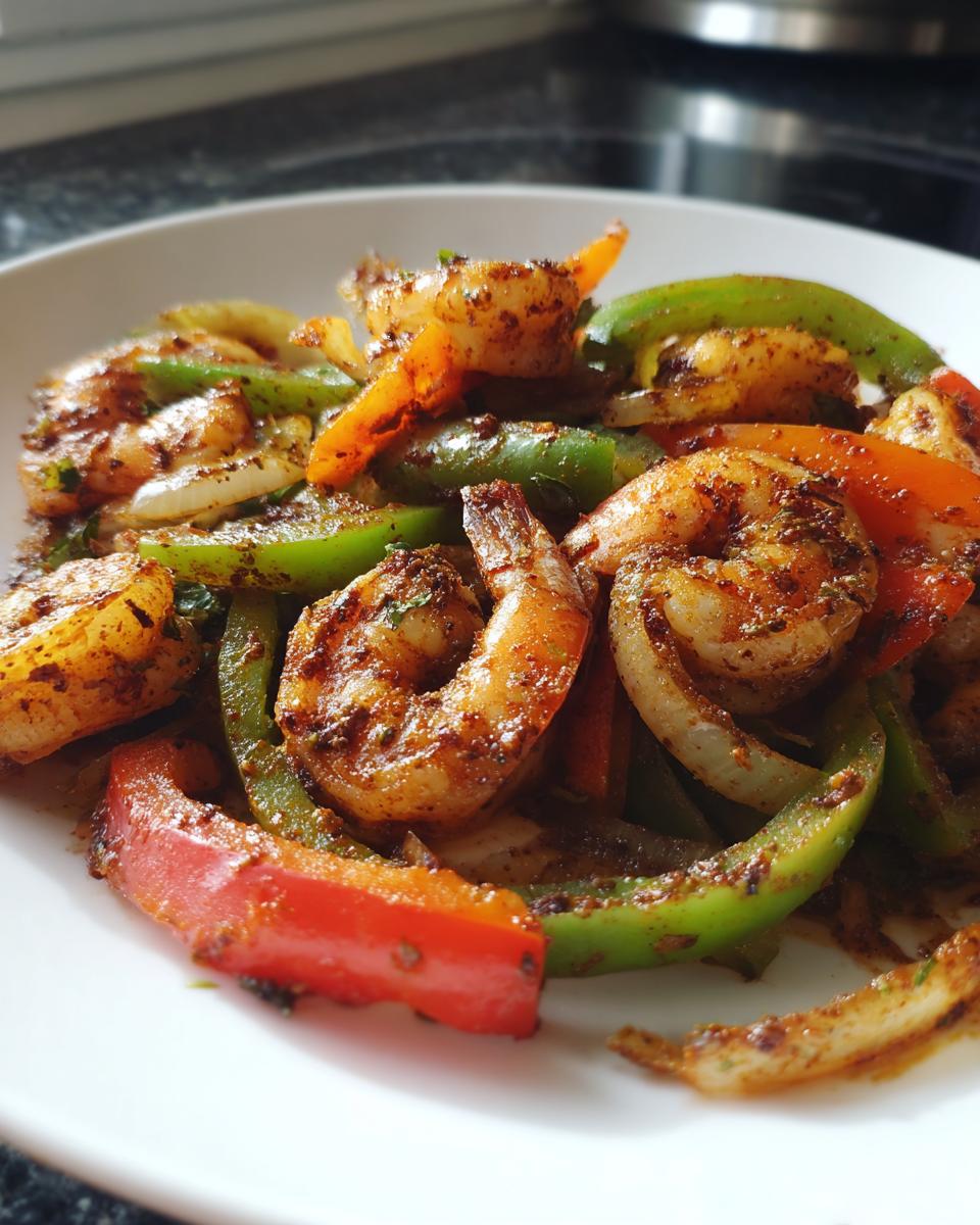 Close-up of perfectly cooked shrimp fajitas featuring seasoned shrimp, green bell peppers, red peppers, and onions on a white plate.
