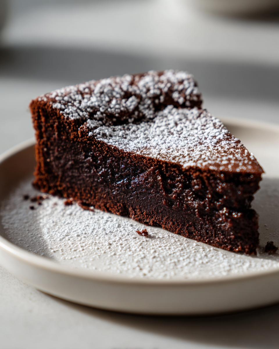 A moist, dark slice of flourless chocolate cake dusted generously with powdered sugar on a light plate.