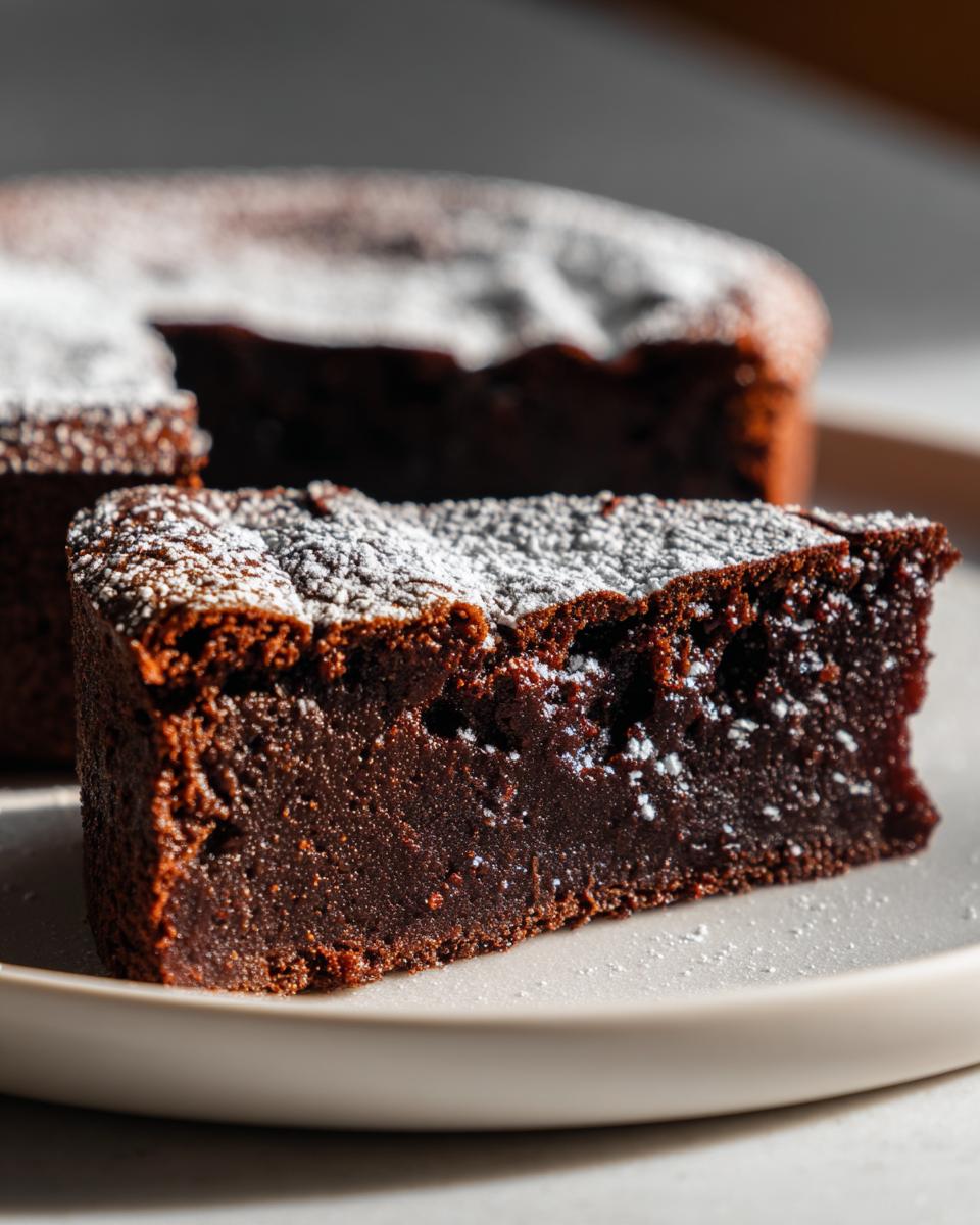 A close-up of a dense slice of flourless chocolate cake dusted heavily with powdered sugar.