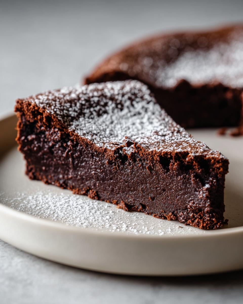 A close-up of a rich, dense slice of flourless chocolate cake dusted with powdered sugar on a light plate.