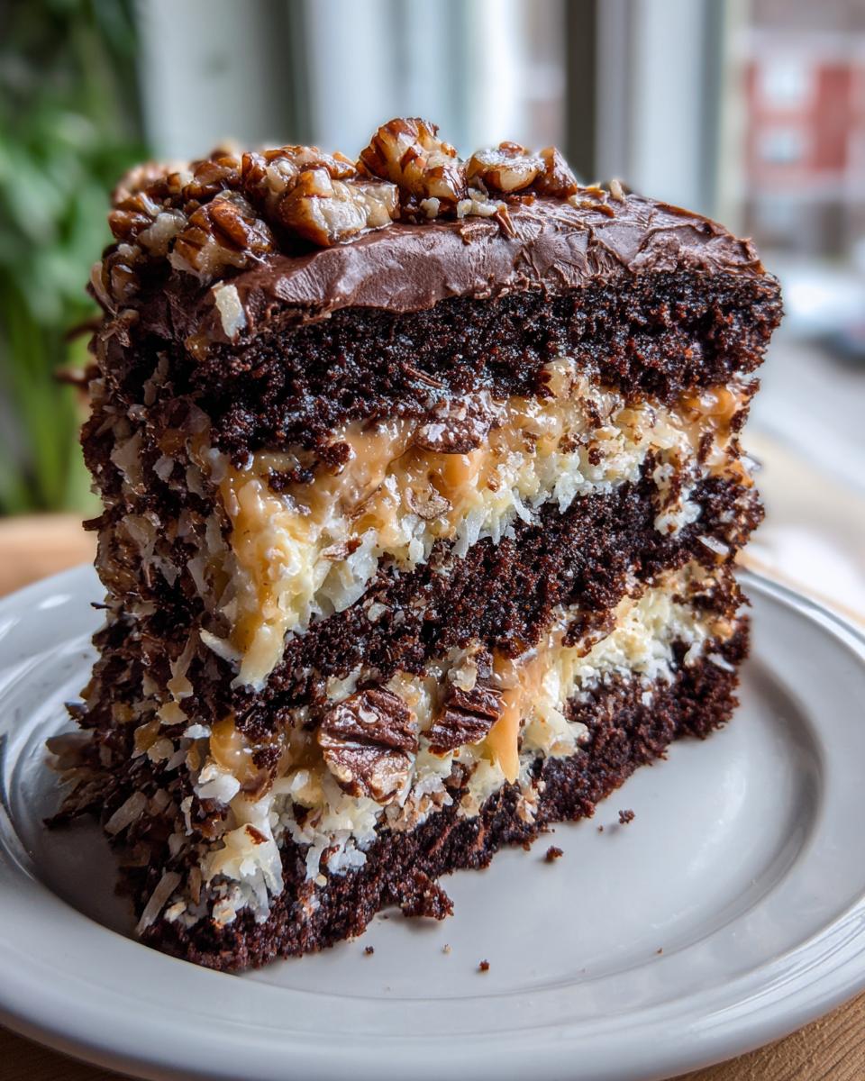 A tall slice of decadent german chocolate cake showing layers of dark cake, coconut-pecan filling, and chocolate frosting.